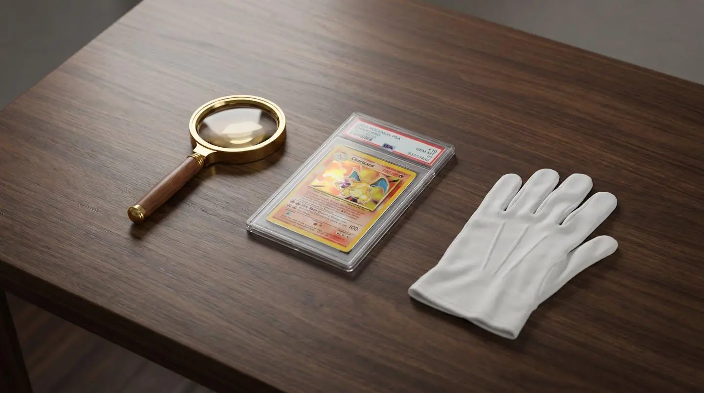 Carte Pokémon holographique rare dans un étui de protection professionnel, accompagnée d'une loupe vintage et de gants blancs sur une table en bois sombre