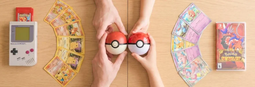 Vue de dessus symétrique montrant une Game Boy vintage et des cartes Pokémon anciennes à gauche, une Nintendo Switch moderne et cartes récentes à droite, avec deux mains se rejoignant au centre tenant des Poké Balls